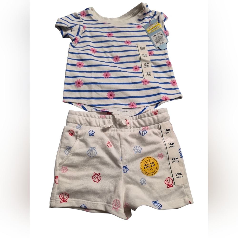 Striped Floral Top & Shell Print Shorts Baby Bundle - Blue, Pink, Cream